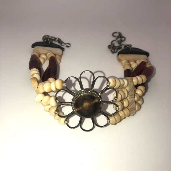 Vtg Carved Bone Petrified Wood & Leather Accent Choker Necklace 12” - 14” - Picture 4 of 7